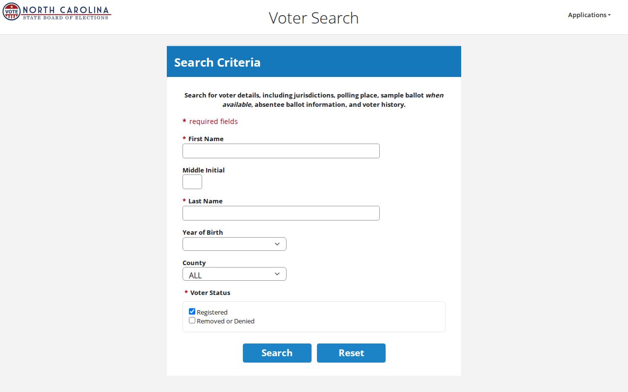 Shelby resident lookup view of the North Carolina Voter Search form